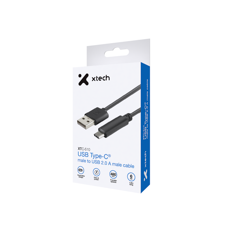 Xtech XTC-510 - Cable USB, USB Tipo-C Macho a USB Tipo-A Macho, USB 2.0, 1.8m, Negro