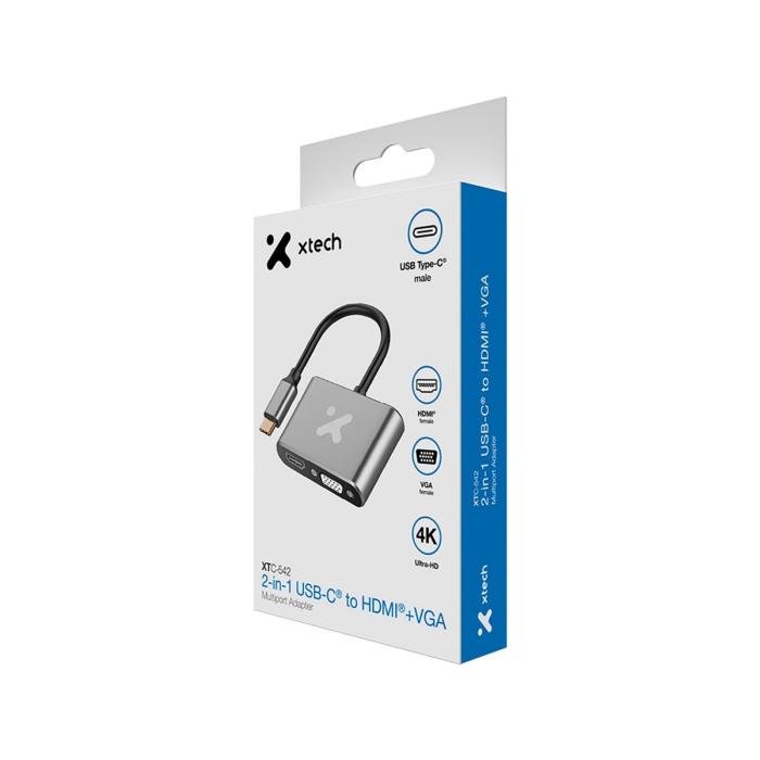 Xtech XTC-542 - Adaptador multipuerto 2 en 1 de USB-C a HDMI y VGA