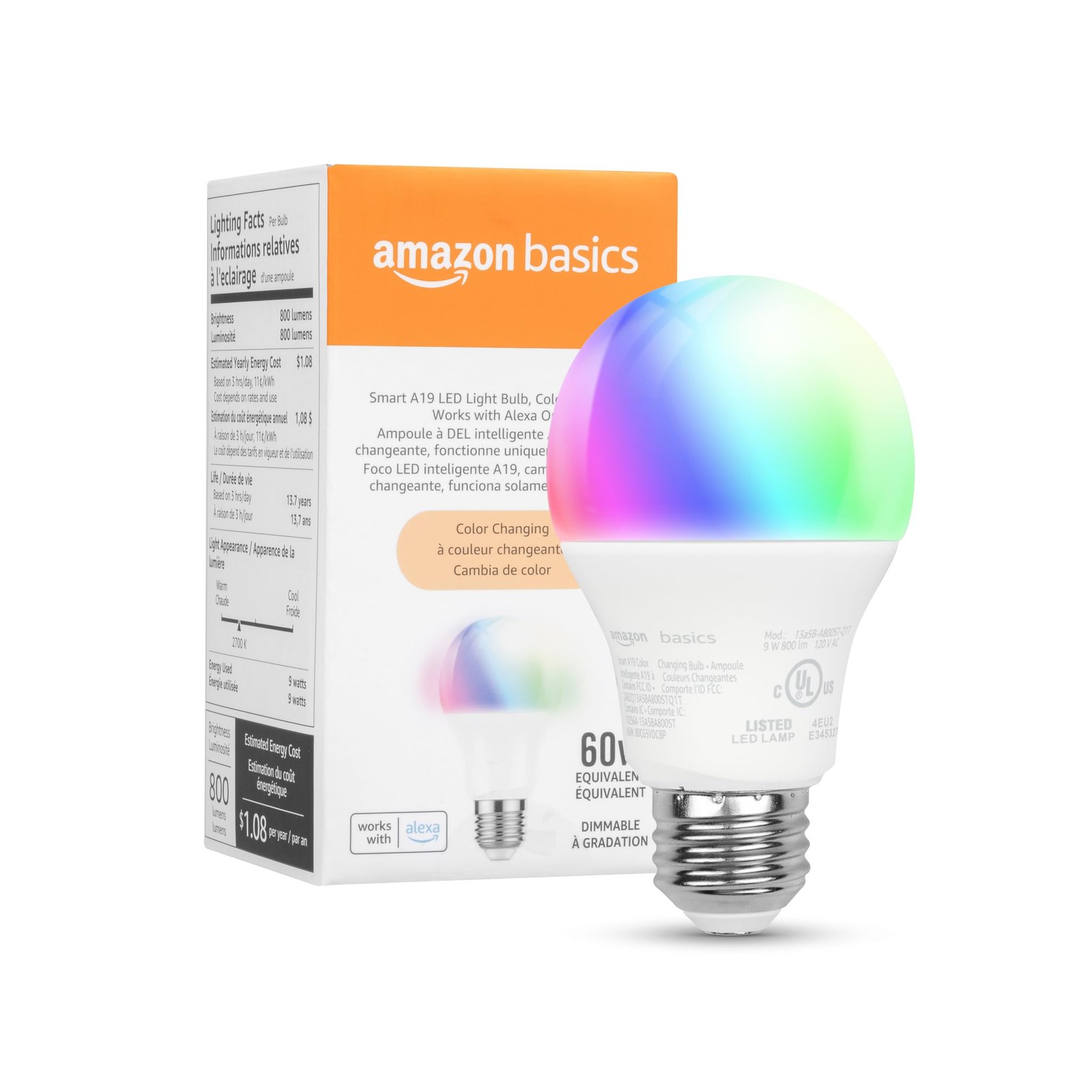 Amazon Basics A19  Bombilla LED inteligente, paquete de 1 unidad