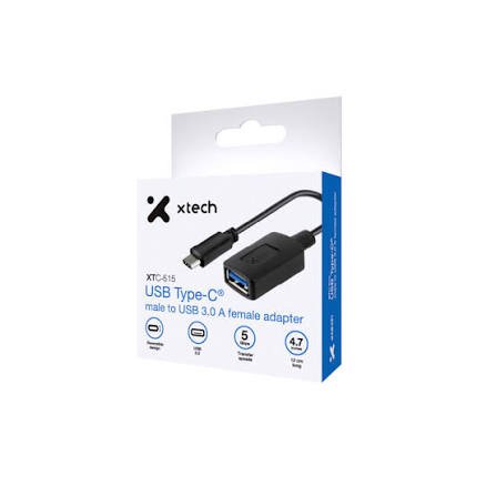 Xtech XTC-515 - Adaptador USB, USB Tipo-C Macho a USB Tipo-A Hembra, USB 3.0, 12cm, Negro